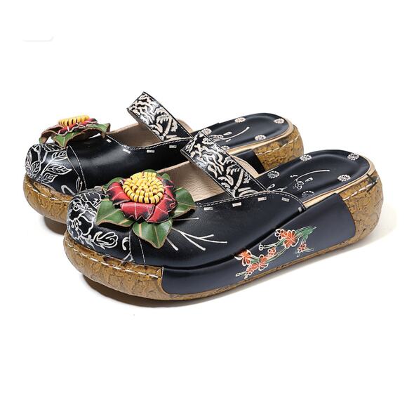 SOCOFY Handmade Genuine Leather Floral Platform Clogs Sandals Size 41 US 10 Boho - Picture 1 of 7